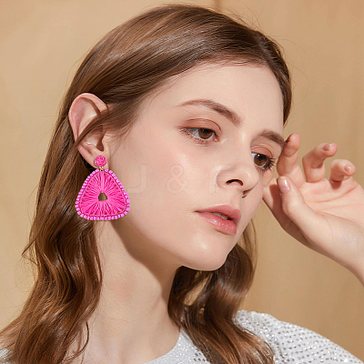 3 Pairs 3 Colors Raffia Grass Braided Triangle Dangle Stud Earrings for Women EJEW-FI0002-28-1