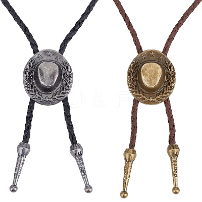 2Pcs 2 Colors Western Zinc Alloy Bolo Tie Cowboy Hat Lariat PU Leather Cord Necklaces NJEW-WR0001-03-1
