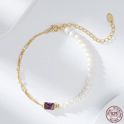 Natural Freshwater Pearls Beaded Bracelets with Cubic Zirconia Rectangle Link BJEW-I314-139-1