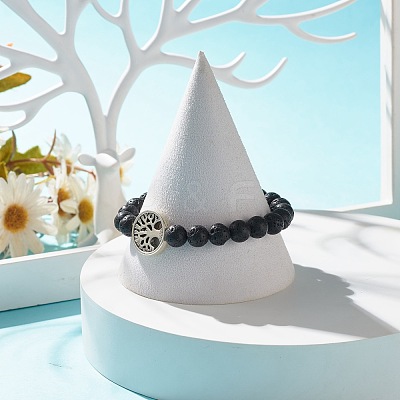 Natural Lava Rock Stretch Bracelet with Tree of Life BJEW-JB07692-1