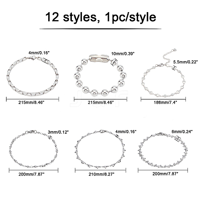 12Pcs 12 Style 304 Stainless Steel Chain Bracelets BJEW-DC0001-02-1