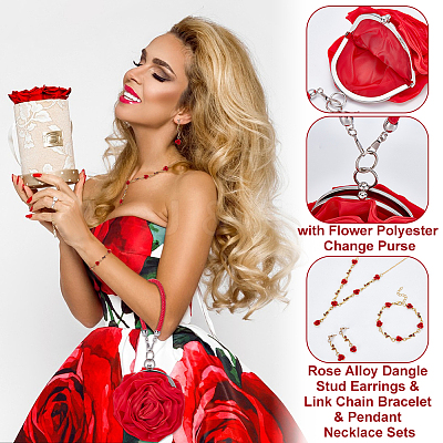 Rose Alloy Dangle Stud Earrings & Link Chain Bracelet & Pendant Necklace Sets SJEW-UN0001-22-1