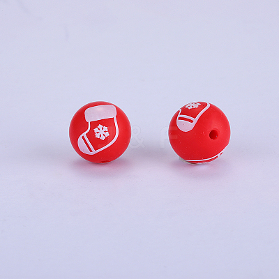Christmas Printed Round with Christmas Socking Pattern Silicone Focal Beads SI-JX0056A-217-1