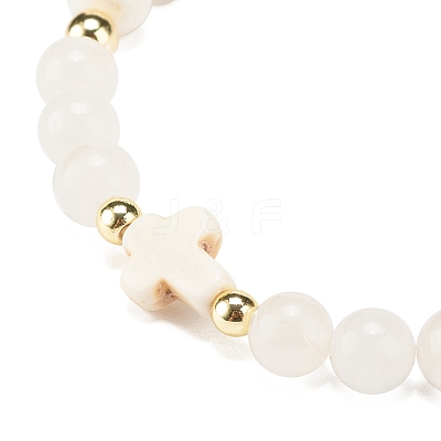 Synthetic Turquoise(Dyed) & Hematite & Natural White Jade Beaded Stretch Bracelet with Cross BJEW-JB08287-1