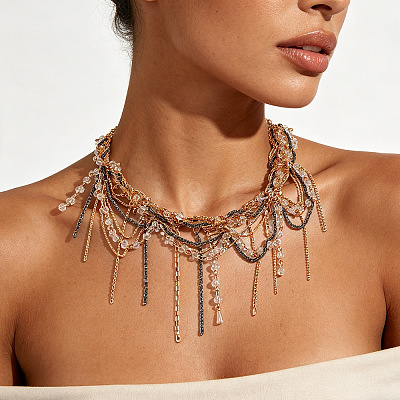 Aolly & Resin Multi-Layered Tassel Bib Necklaces for Women WG8E8DB-01-1