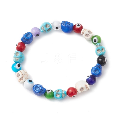 Halloween Dyed Synthetic Turquoise Skull & Lampwork Evil Eye Round Beaded Stretch Bracelets for Women Men BJEW-JB12268-03-1