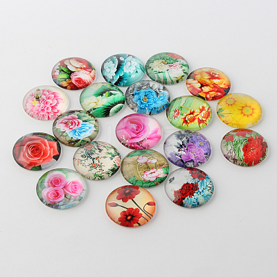 Flower Printed Glass Cabochons GGLA-A002-10mm-BB-1