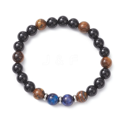 Natural Black Onyx & Tiger Eye & Rainbow Tiger Eye Beaded Stretch Bracelets for Women BJEW-JB12902-1