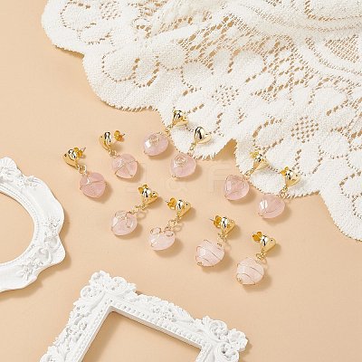5 Pair 5 Style Natural Rose Quartz Heart Dangle Stud Earrings EJEW-JE05083-1