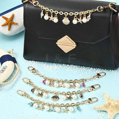 4Pcs 4 Styles Alloy Rhinestone with Acrylic Pearl Bead Charm Cable Chain Bag Decorative Chains HJEW-FS00060-04-1