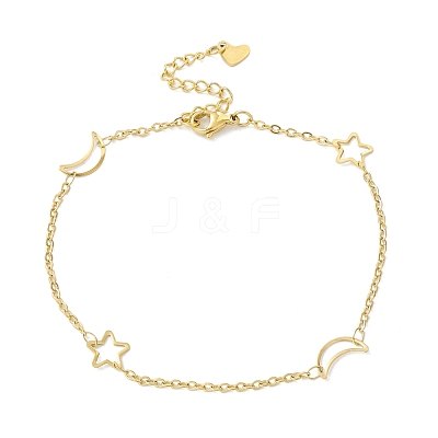 PVD Vacuum Plating 304 Stainless Steel Moon and Star Link Anklet with Cable Chains for Women STAS-E001-22G-1