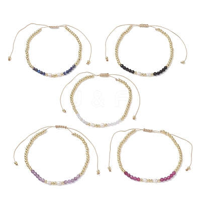 Natural Mixed Gemstone & Cultured Freshwater Pearl & Brass Beads Braided Bead Bracelets for Women BJEW-JB13203-1