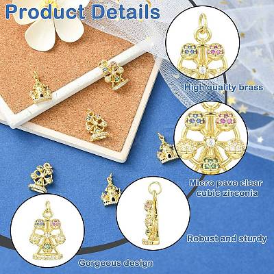 6Pcs 2 Styles Ferris Wheel & Castle Brass Micro Pave Cubic Zirconia Pendants KK-CJ0005-74-1