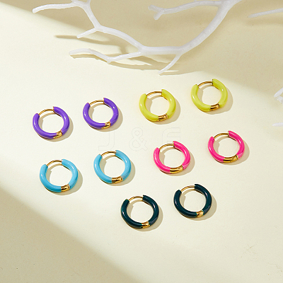 5 Pairs 5 Color 316 Stainless Steel Enamel Ring Hoop Earrings EJEW-DC0001-39B-1