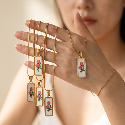 Flower Printed 304 Stainless Steel Geometric Pendant Necklaces for Women WG37CA3-04-1