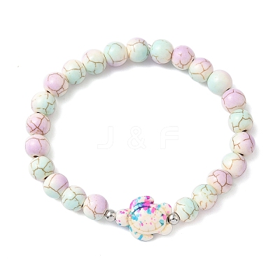 Baking Paint Synthetic Turquoise Round & Tortoise Beads Stretch Bracelets for Men Women BJEW-JB12340-01-1