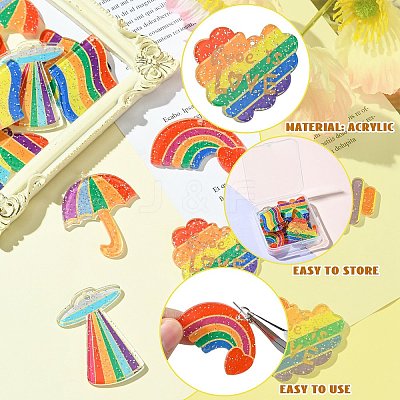 14Pcs 7 Shapes Rainbow Style Printed Acrylic Glitter Powder Pendants OACR-CJ0001-93-1