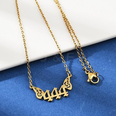 201 Stainless Steel Number 444 with Butterfly Wings Pendant Necklaces LS-NJEW-P332-01B-G-1