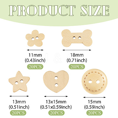 100Pcs 5 Styles Wooden Buttons BUTT-TA0001-46-1