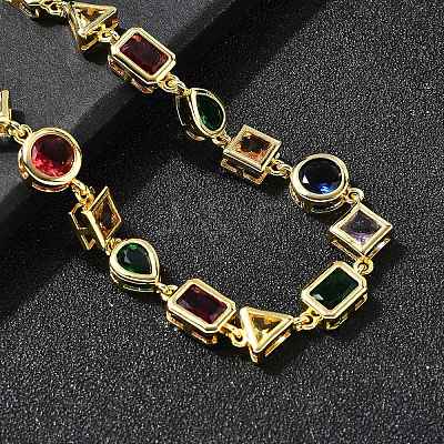 Brass Pave Colorful Cubic Zirconia Geometric Link Chain Necklaces NJEW-P337-01G-1