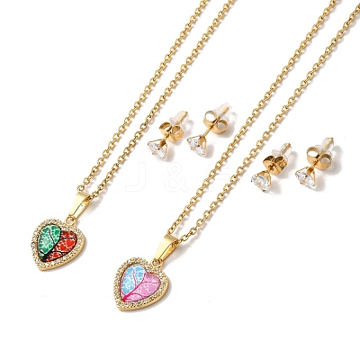 Clear Cubic Zirconia Heart with Acrylic Tree Pendant Necklace & Diamond Stud Earrings SJEW-M099-03G-1