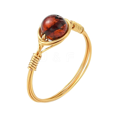 Copper Wired Natural Amber Finger Rings for Women RJEW-JR01052-02-1