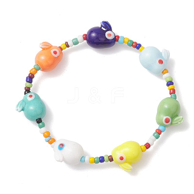 Rabbit Porcelain & Glass Seed Beads Stretch Bracelets for Women BJEW-TA00705-1
