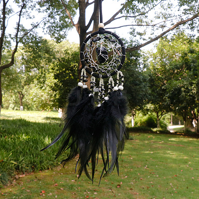 Natural Tourmaline Woven Web/Net with Feather Pendant Decorations PW-WG69741-08-1