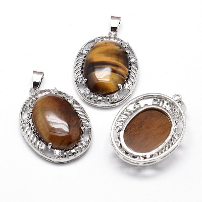 Oval Platinum Plated Brass Natural Tiger Eye Rhinestone Pendants G-F228-35D-RS-1
