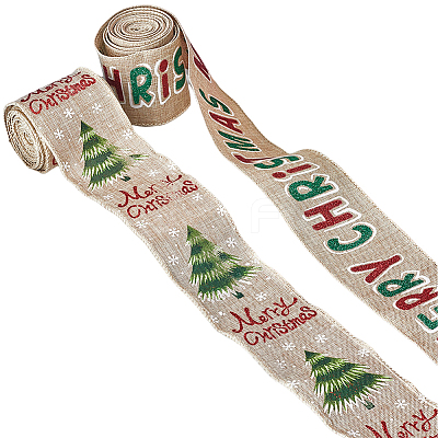 2 Rolls 2 Styles Christmas Printed Linen Ribbon OCOR-GF0002-72-1