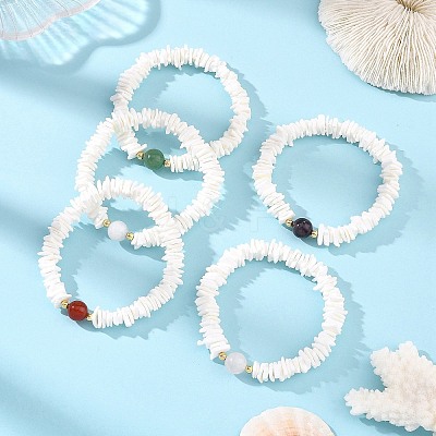 Natural Sea Shell Square Heishi Beads Dangle Earrings and Bracelets SJEW-JS01388-1