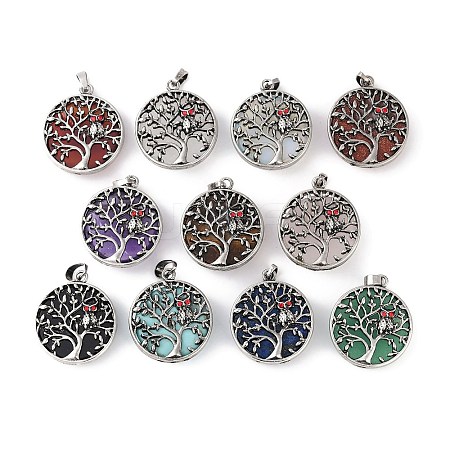 Natural & Synthetic Mixed Gemstone Tree of Life with Owl Pendants G-L524-15AS-1