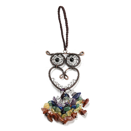 Wire Wrapped Brass Owl & Natural Quartz Crystal Pendant Decoration HJEW-C006-01A-1