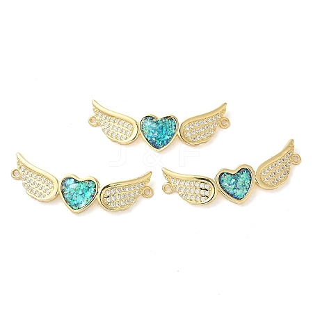 Rack Plating Brass Micro Pave Clear Cubic Zirconia Heart with Wings Connector Charms KK-K385-089G-1