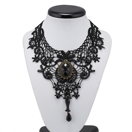 Gothic Alloy Glass Lace Heart Statement Bib Choker Necklaces for Women FS-WGE10D6-01-1