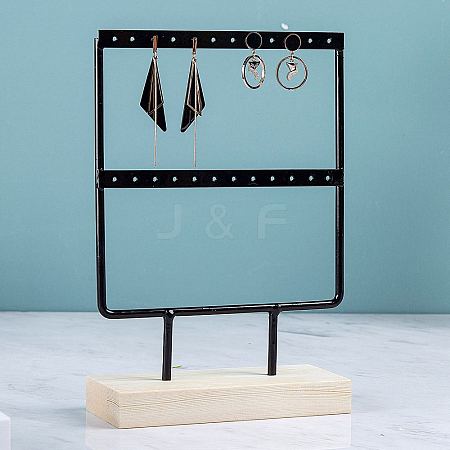 1 Set 2-Tier Rectangle Iron Jewelry Dangle Earring Organizer Holder with Wooden Base EDIS-SC0001-08A-1