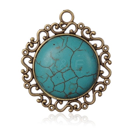 Flat Round Antique Bronze Plated Alloy Synthetic Turquoise Pendants PALLOY-F071-01AB-NF-1