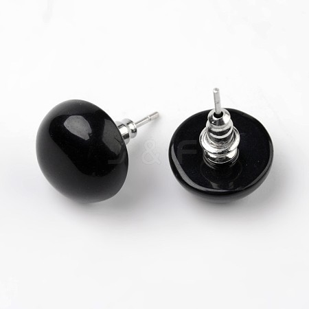 Half Round Dome Natural Dyed & Heated Black Agate Stud Earrings EJEW-L171-07-1