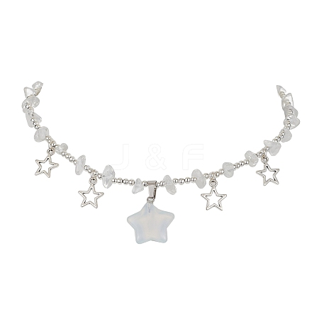 Opalite & Alloy Star Charms Bib Necklace with Chips Beaded Chains NJEW-JN04512-02-1