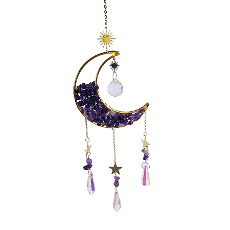 Natural Amethyst Chip & Metal Moon Hanging Ornaments PW-WG44395-02-1
