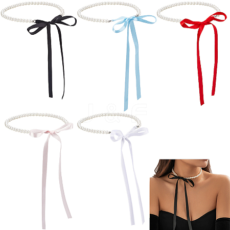 5Pcs 5 Colors ABS Plastic Pearl Round Beaded with Polyester Cord Pendant Necklaces for Women NJEW-CY0001-03-1