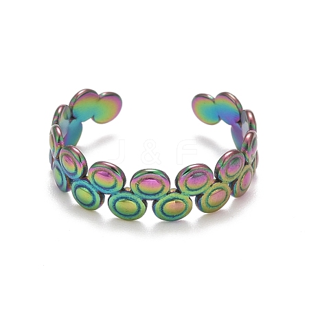 Rainbow Color Ion Plating(IP) 304 Stainless Steel Flat Round Wrap Open Cuff Ring for Women RJEW-A005-34MC-1