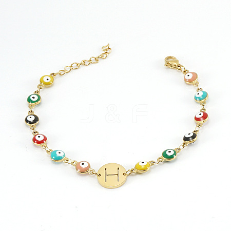 Colorful 304 Stainless Steel & Evil Eye Enamel Flat Round Link Bracelets FS-WGB13F5-08-1