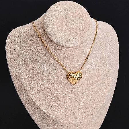 304 Stainless Steel Textured Heart Pendant Cable Chain Necklaces NJEW-U026-10G-1