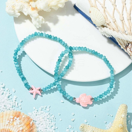 2Pcs 2 Styles Synthetic Turquoise & Dyed Natural Malaysia Jade Rondelle Beads Beads Stretch Bracelets for Women BJEW-JB13599-03-1