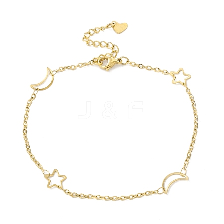 PVD Vacuum Plating 304 Stainless Steel Moon and Star Link Anklet with Cable Chains for Women STAS-E001-22G-1