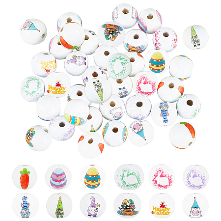 48Pcs 12 Styles Easter Theme Printed Wooden Beads WOOD-SC0001-61-1