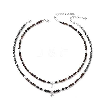 2Pcs 2 Style Clear Cubic Zirconia Moon & Star Charm Necklaces Set NJEW-JN04149-1