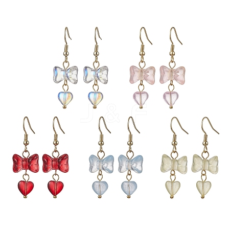 Bowknot with Heart Glass Dangle Earrings EJEW-JE05647-1
