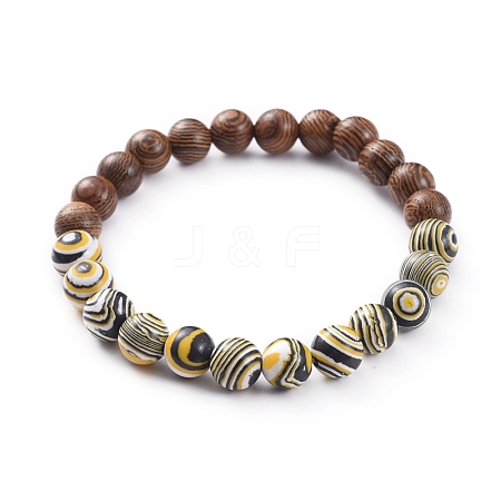  Jewelry Beads Findings Unisex Stretch Bracelets, with Synthetic Malachite Beads and Wood Beads, Round, Yellow, 57mm